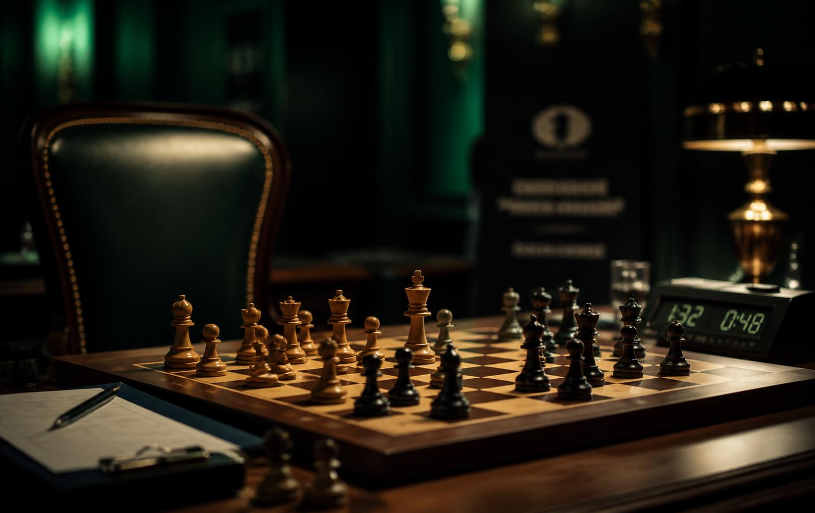 A wooden tournament chess board mid-game under warm brass light